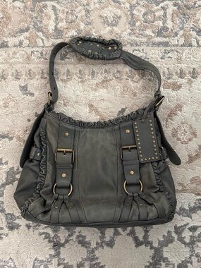 Betsey Johnson Grey Ruffled Leather Shoulder Bag